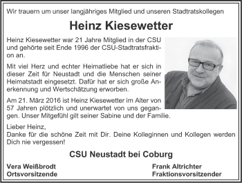 Anzeige von Heinz Kiesewetter von MGO