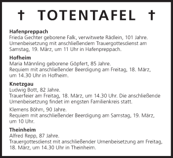 Anzeige von Totentafel vom 17.03.2016 von MGO