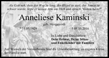 Anzeige von Anneliese Kaminski von MGO