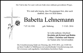 Anzeige von Babetta Lehnemann von MGO