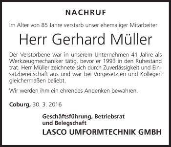 Anzeige von Gerhard Müller von MGO