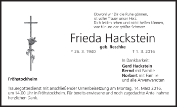 Anzeige von Frieda Hackstein von MGO