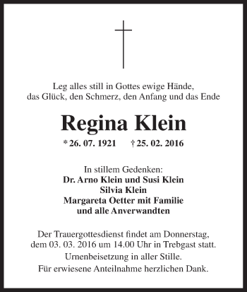 Anzeige von Regina Klein von MGO