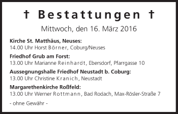 Anzeige von Bestattungen vom 16.03.2016 von MGO
