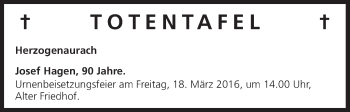 Anzeige von Totentafel vom 16.03.2016 von MGO