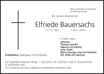 Anzeige von Elfriede Bauersachs von MGO