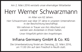 Anzeige von Werner Schwarzmann von MGO