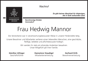 Anzeige von Hedwig Mannor von MGO