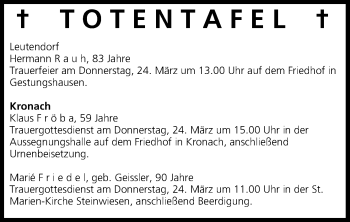 Anzeige von Totentafel vom 23.03.2016 von MGO