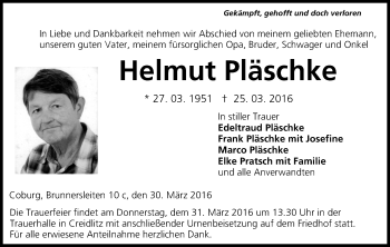 Anzeige von Helmut Pläschke von MGO