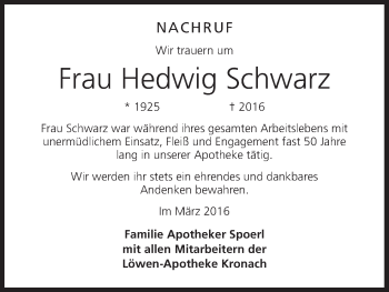 Anzeige von Hedwig Schwarz von MGO