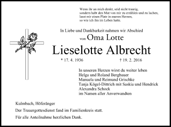 Anzeige von Lieselotte Albrecht von MGO