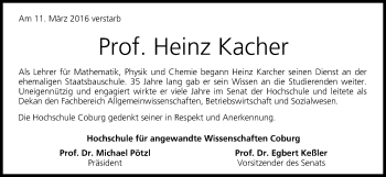 Anzeige von Heinz Kacher von MGO