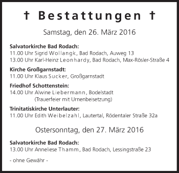 Anzeige von Bestattungen vom 26.03.2016 von MGO