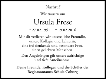 Anzeige von Ursula Frese von MGO