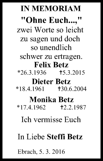 Anzeige von Dieter Betz von MGO