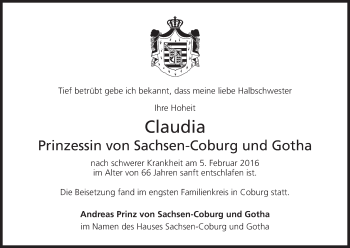 Anzeige von Claudia Prinzessin von Sachsen-Coburg und Gotha von MGO
