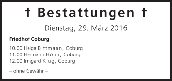 Anzeige von Bestattungen vom 29.03.2016 von MGO