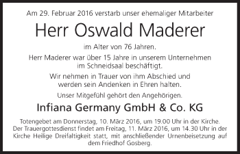 Anzeige von Oswald Maderer von MGO