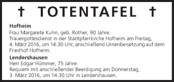 Anzeige von Totentafel vom 03.03.2016 von MGO