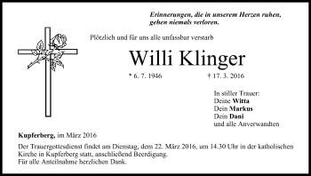 Anzeige von Willi Klinger von MGO