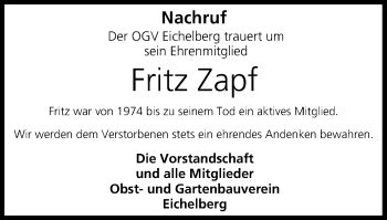 Anzeige von Fritz Zapf von MGO