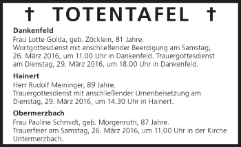 Anzeige von Totentafel vom 26.03.2016 von MGO