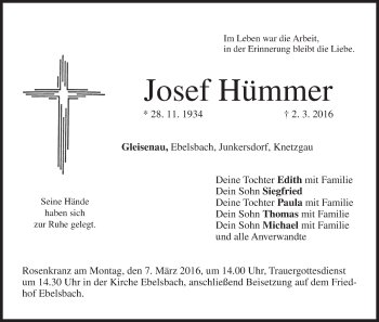 Anzeige von Josef Hümmer von MGO