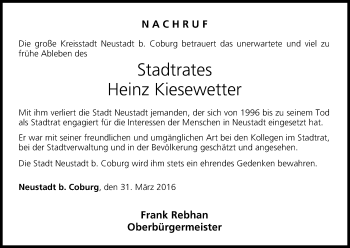 Anzeige von Heinz Kiesewetter von MGO