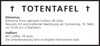 Anzeige von Totentafel vom 09.03.2016 von MGO