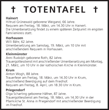 Anzeige von Totentafel vom 18.03.2016 von MGO