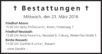 Anzeige von Bestattungen vom 23.03.2016 von MGO