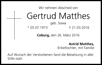 Anzeige von Gertrud Matthes von MGO