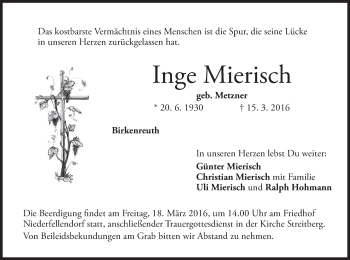 Anzeige von Inge Mierisch von MGO