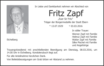 Anzeige von Fritz Zapf von MGO