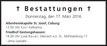 Anzeige von Bestattungen vom 17.03.2016 von MGO
