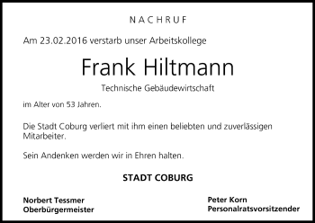 Anzeige von Frank Hiltmann von MGO