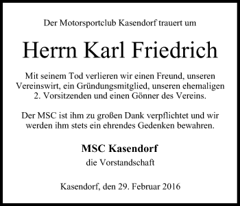 Anzeige von Karl Friedrich von MGO