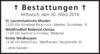 Anzeige von Bestattungen vom 30.03.2016 von MGO