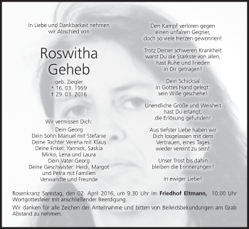 Anzeige von Roswitha Geheb von MGO
