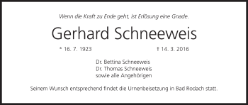 Anzeige von Gerhard Schneeweis von MGO