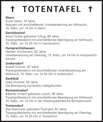Anzeige von Totentafel vom 15.03.2016 von MGO