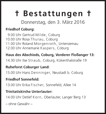 Anzeige von Bestattungen vom 03.03.2016 von MGO