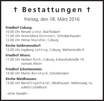Anzeige von Bestattungen vom 18.03.2016 von MGO