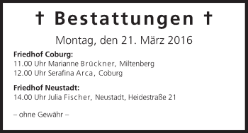 Anzeige von Bestattungen vom 21.03.2016 von MGO