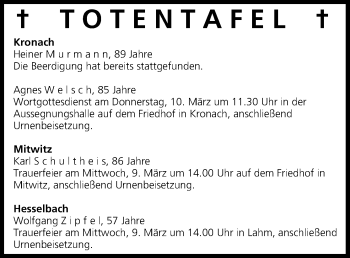 Anzeige von Totentafel vom 09.03.2016 von MGO