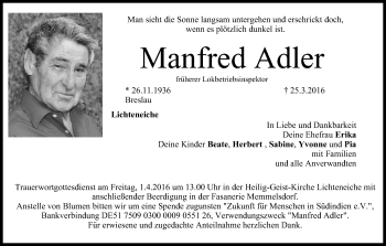 Anzeige von Manfred Adler von MGO