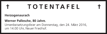 Anzeige von Totentafel vom 22.03.2016 von MGO