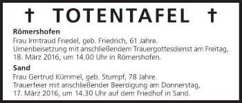 Anzeige von Totentafel vom 16.03.2016 von MGO
