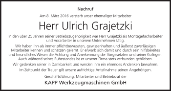 Anzeige von Ulrich Grajetzki von MGO